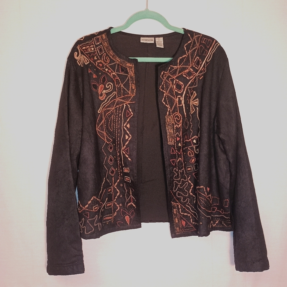 Chicos Embroidered Lightweight Jacket Black with Brown Designs Art to Wear Size3